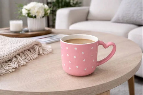 تفاصيل مقبض القلب لمج سيراميك وردي بنقشة قلوب – Side view of pink ceramic mug with heart-shaped handle