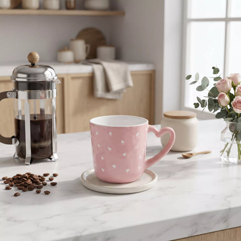 A pink ceramic mug with small white heart patterns sits on a matching saucer on a white marble kitchen counter. A silver French press, coffee beans, a cream jar, and a vase of pink roses are arranged around it in a bright, modern kitchen setting.
