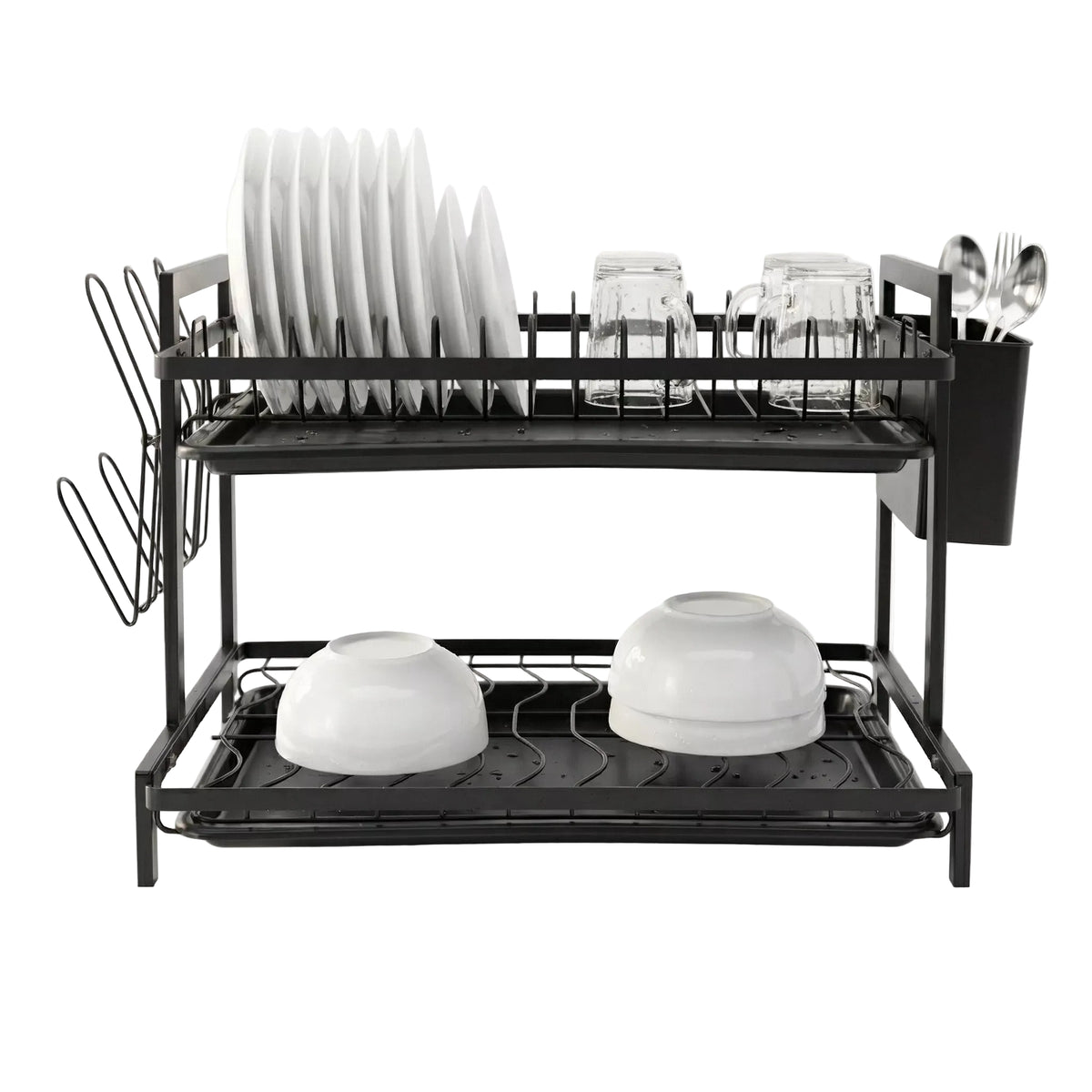 2 Tier Dish Drying Rack – Metal Rack with Drip Tray & 6 Cup Holders