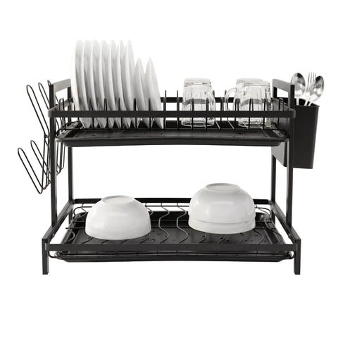 2 Tier Dish Drying Rack – Metal Rack with Drip Tray & 6 Cup Holders
