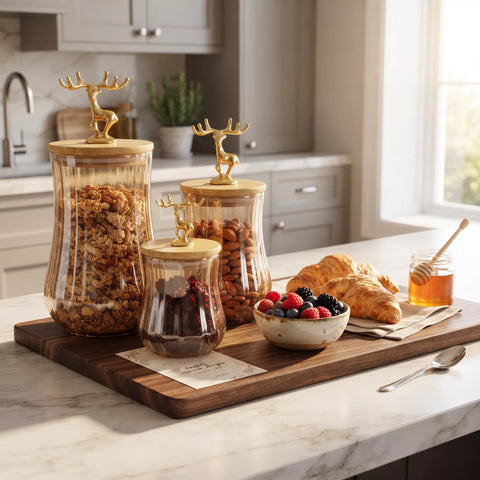 3-Piece Ribbed Glass Storage Jar Set with Bamboo Lids & Gold Deer Handles