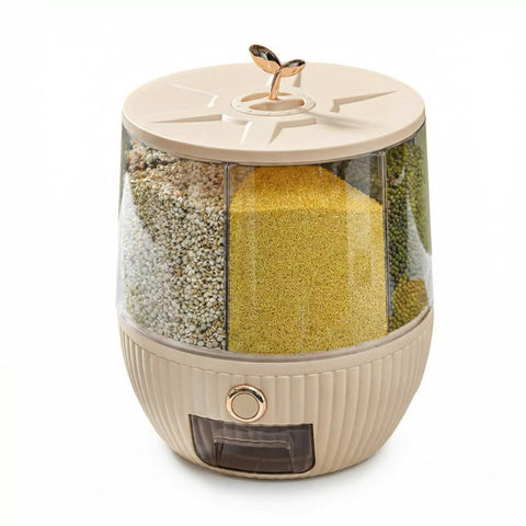 6-Grid Rotating Grain & Rice Dispenser – 22Lbs Capacity with One-Click Output