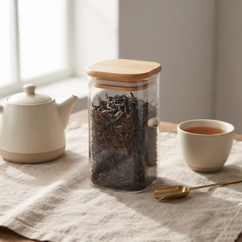 A clear glass tea storage jar with a light wood lid stands on a linen table runner, filled with loose-leaf tea. A cream teapot, a cup of tea, and a gold spoon are arranged nearby in a softly lit kitchen setting.