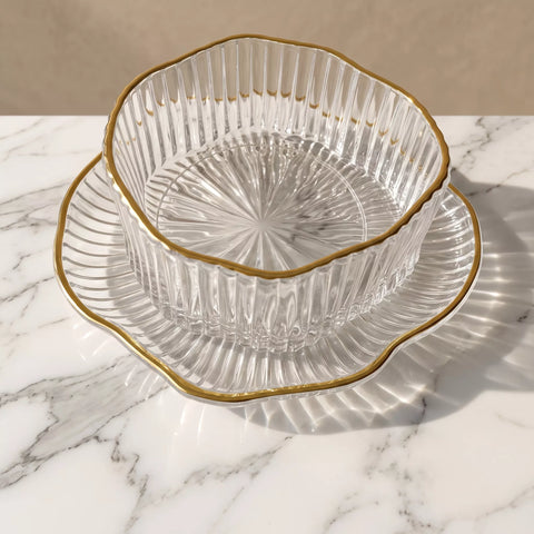 Gold Rim Glass Serving Bowl Set with Saucers – 12 Pieces
