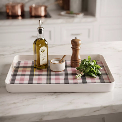 A rectangular white serving tray with a pink, black, and white plaid lining, styled on a white marble kitchen counter with an olive oil bottle, wooden pepper mill, small bowl, and fresh herbs.