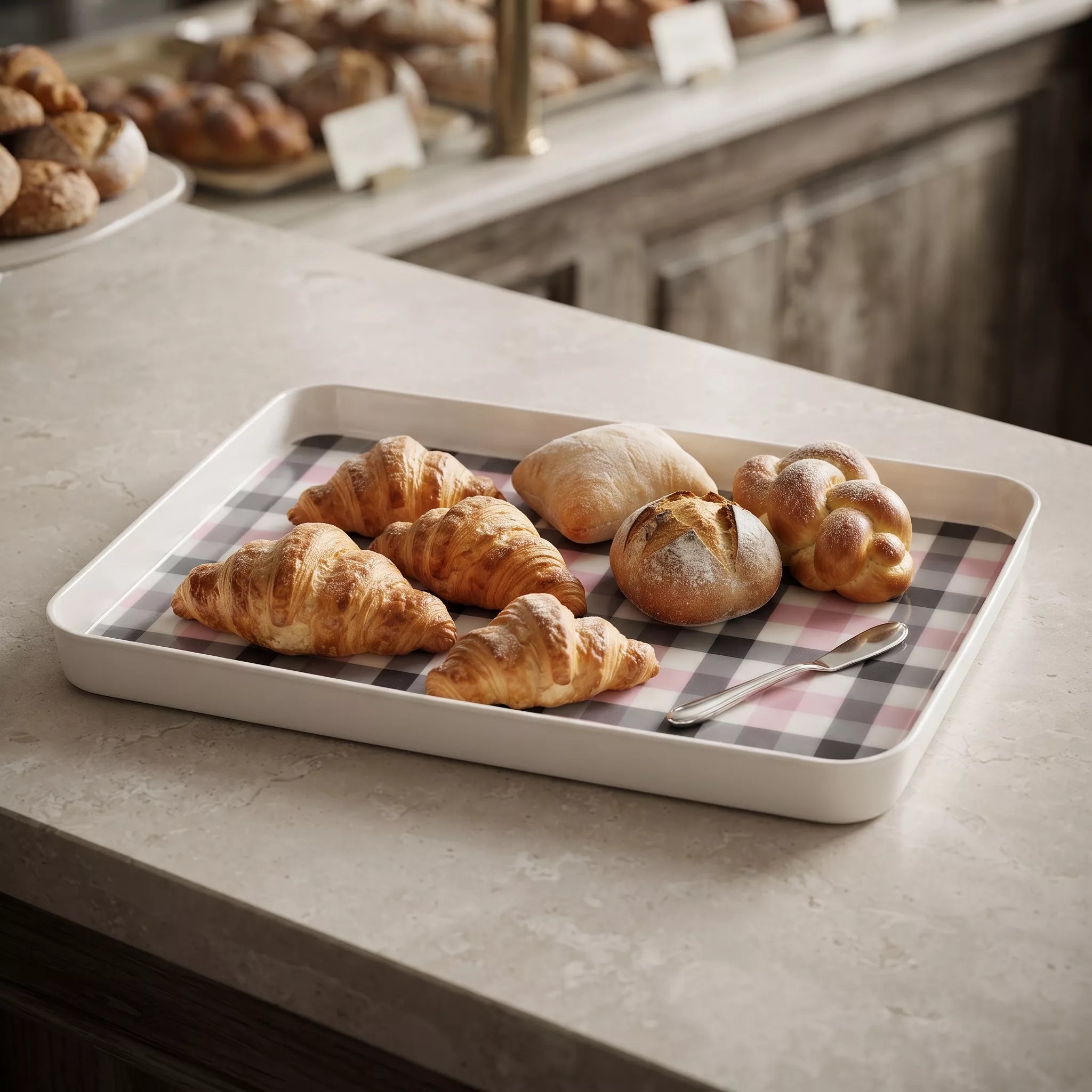 A rectangular white serving tray lined with a black, white, and red gingham check pattern, filled with assorted golden-brown pastries including croissants, a baguette, and a small pastry, set on a light stone countertop.