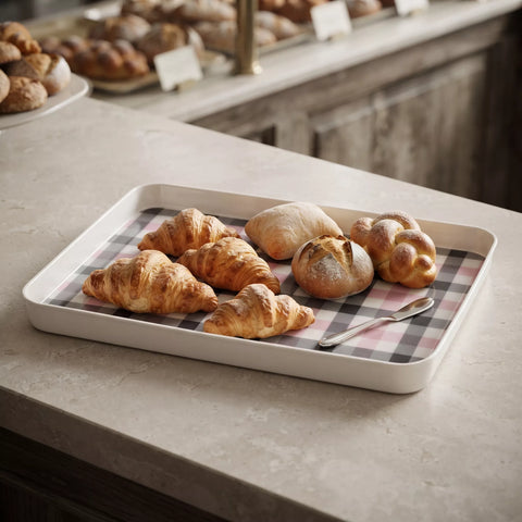 A rectangular white serving tray lined with a black, white, and red gingham check pattern, filled with assorted golden-brown pastries including croissants, a baguette, and a small pastry, set on a light stone countertop.