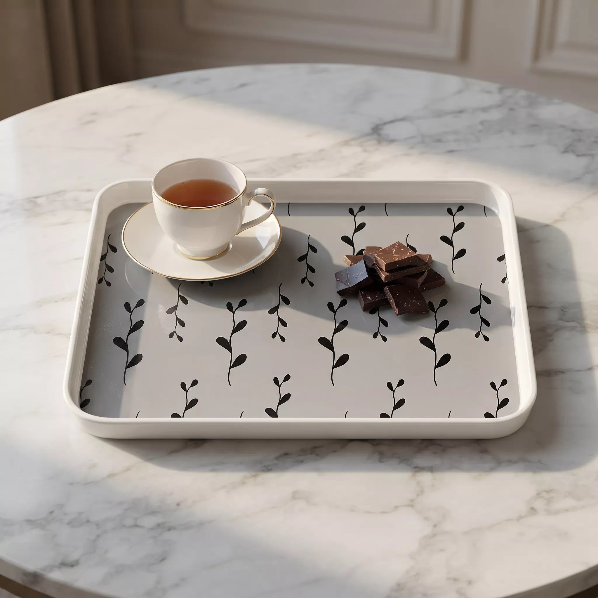 A rectangular white tray with a black leaf pattern, styled on a white marble table. The tray contains a white teacup and saucer with tea, and a small pile of dark chocolate pieces.