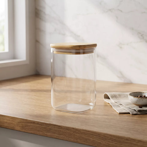 A clear glass canister jar with a light natural wood lid sits on a wooden countertop in a bright kitchen setting with a marble backsplash.