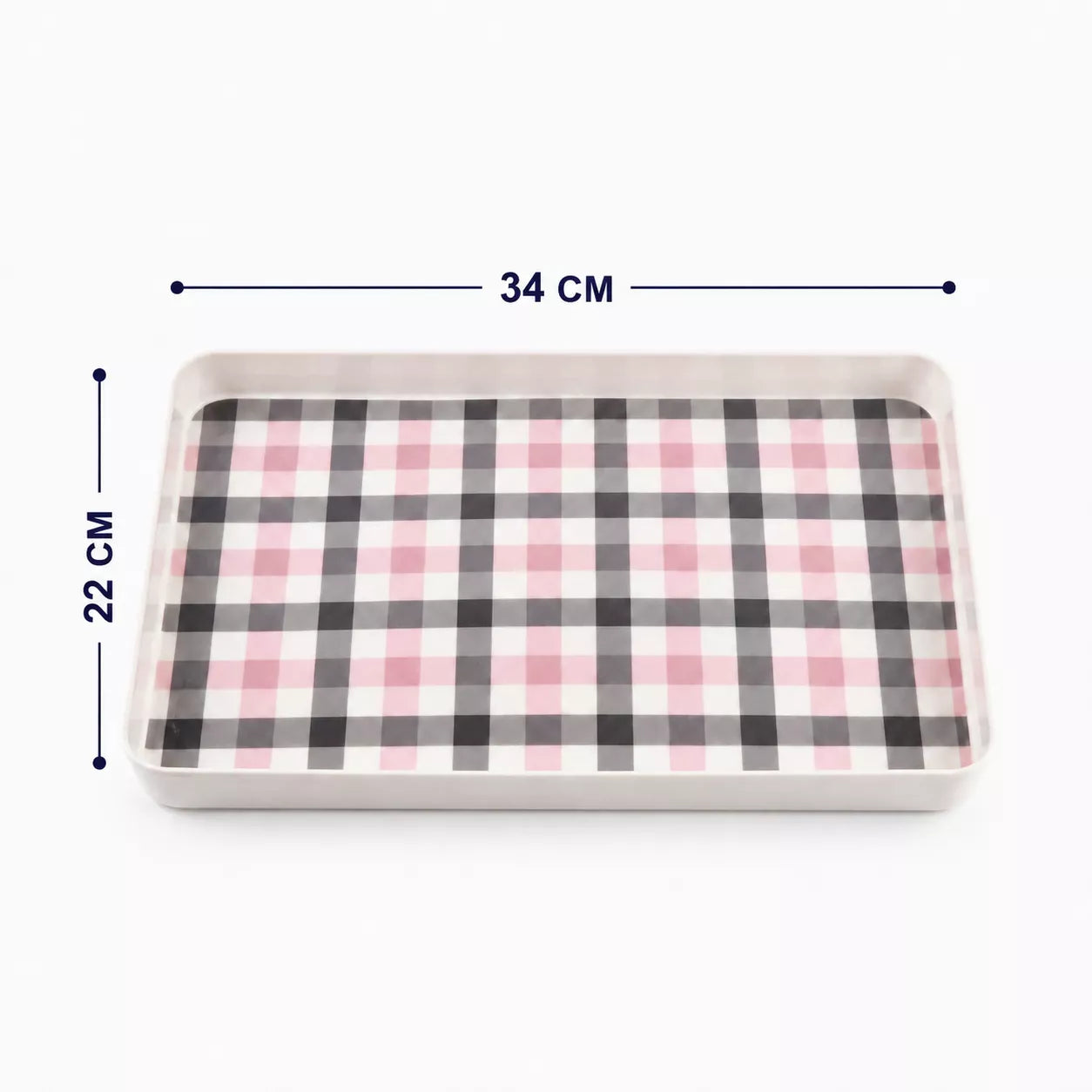 A rectangular tray with a pink, black, and white gingham plaid pattern, shown with dimension lines indicating measurements of 34 cm by 22 cm on a white background.