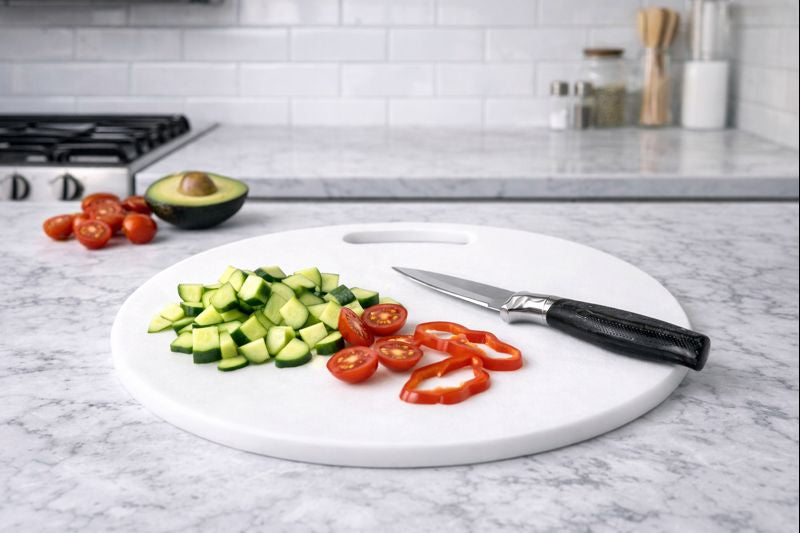 لوح تقطيع دائري أبيض أثناء الاستخدام في المطبخ – Round white cutting board in kitchen use for vegetable cutting