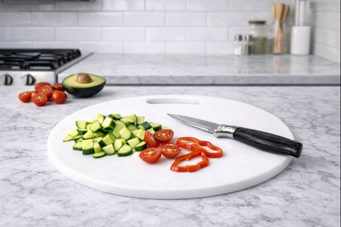لوح تقطيع دائري أبيض أثناء الاستخدام في المطبخ – Round white cutting board in kitchen use for vegetable cutting