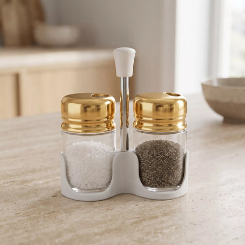 2-Piece Glass Salt & Pepper Shaker Set with Gold Lids & Holder – 100ml