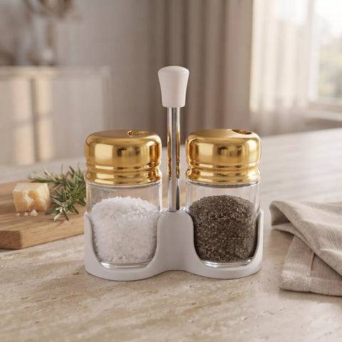 2-Piece Glass Salt & Pepper Shaker Set with Gold Lids & Holder – 100ml