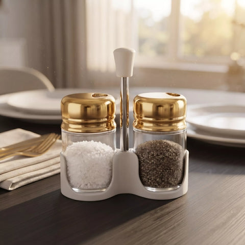 2-Piece Glass Salt & Pepper Shaker Set with Gold Lids & Holder – 100ml