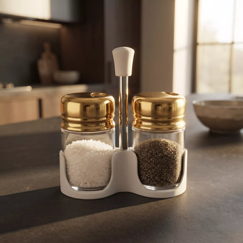 2-Piece Glass Salt & Pepper Shaker Set with Gold Lids & Holder – 100ml