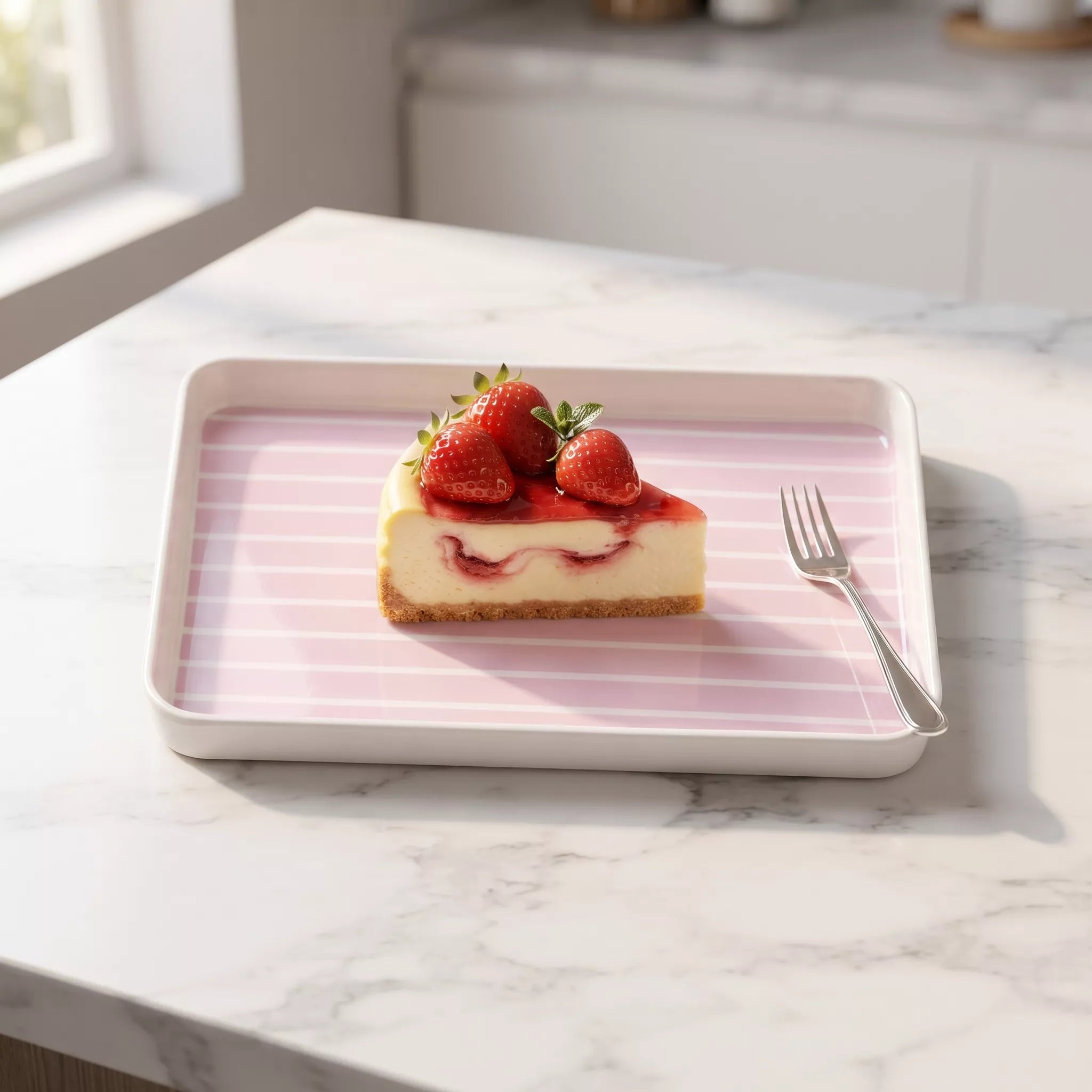 A rectangular white ceramic serving tray with a pink striped interior, holding a slice of strawberry cheesecake and a fork, set on a white marble countertop.