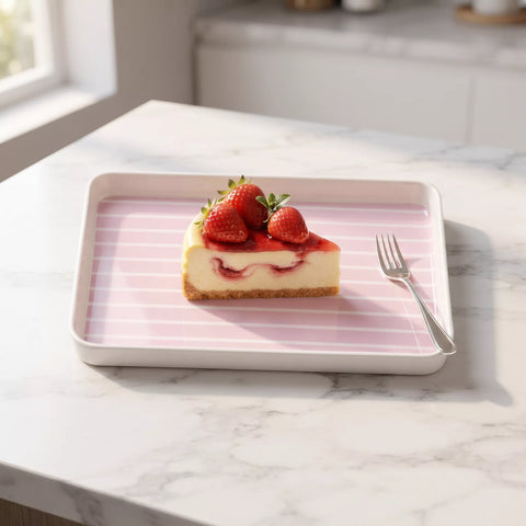 A rectangular white ceramic serving tray with a pink striped interior, holding a slice of strawberry cheesecake and a fork, set on a white marble countertop.