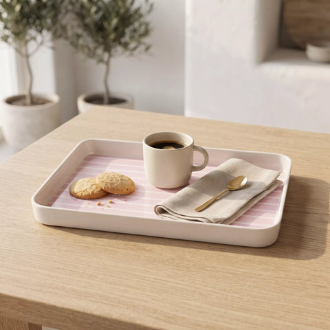 A rectangular light pink tray with a striped interior sits on a light wood table, styled with a cup of coffee, cookies, a folded napkin, and a spoon.