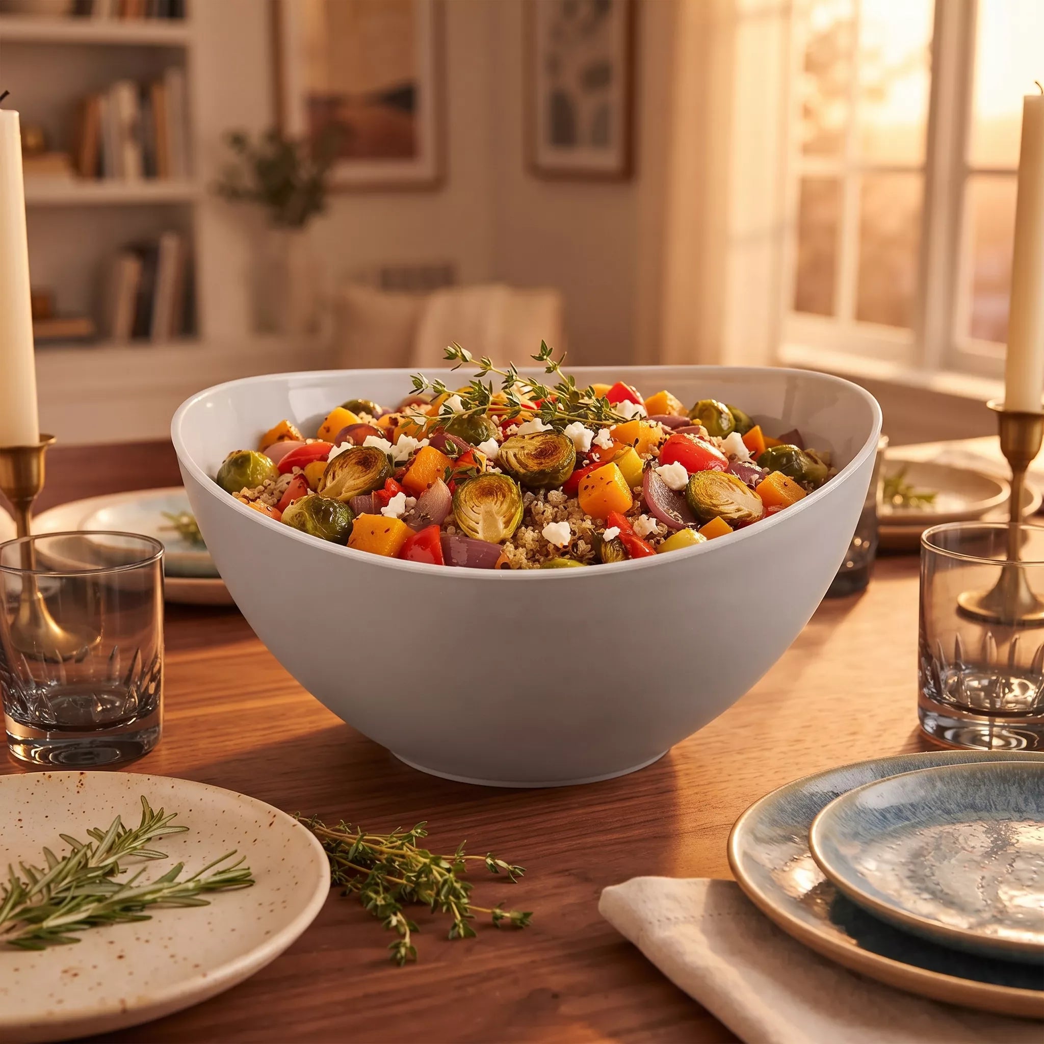 A large white oval serving bowl filled with a colorful roasted vegetable and grain salad, set on a wooden dining table with plates, glasses, and candles in a warm, sunlit home interior.