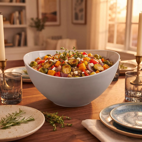A large white oval serving bowl filled with a colorful roasted vegetable and grain salad, set on a wooden dining table with plates, glasses, and candles in a warm, sunlit home interior.