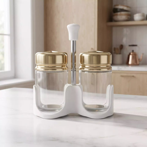 2-Piece Glass Salt & Pepper Shaker Set with Gold Lids & Holder – 100ml