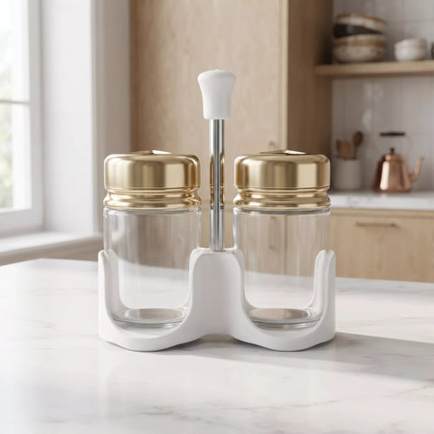 2-Piece Glass Salt & Pepper Shaker Set with Gold Lids & Holder – 100ml