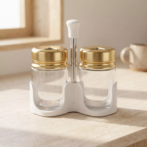 2-Piece Glass Salt & Pepper Shaker Set with Gold Lids & Holder – 100ml