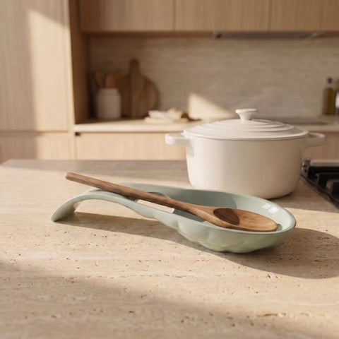 A pale mint green ceramic spoon rest with a wooden spoon resting inside, set on a light beige stone countertop in a softly blurred kitchen background with a white pot behind it.