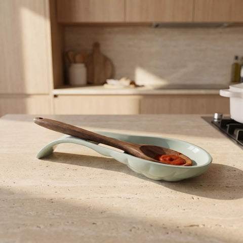 A light green ceramic spoon rest with a wooden spoon resting inside it, placed on a beige stone countertop in a softly blurred kitchen setting.