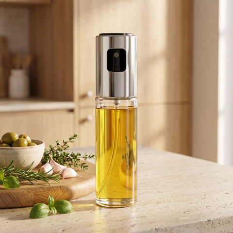 A modern automatic oil dispenser bottle filled with golden olive oil, standing on a light stone countertop in a warm, sunlit kitchen setting with herbs and garlic nearby.
