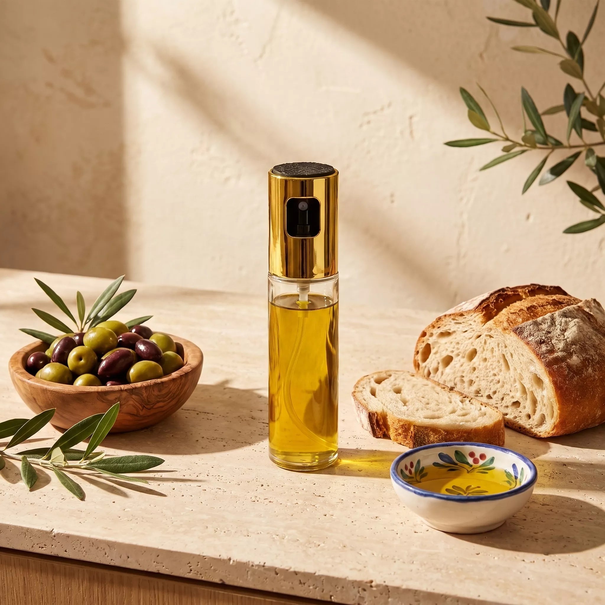 A clear glass bottle of olive oil with a shiny gold cap stands on a stone surface beside a bowl of olives, sliced bread, and olive branches in a warm, sunlit setting.