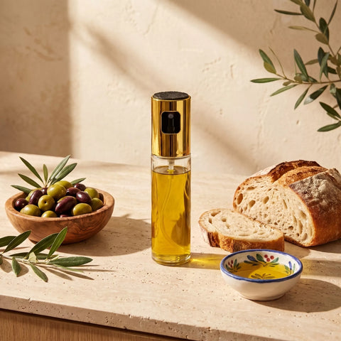 A clear glass bottle of olive oil with a shiny gold cap stands on a stone surface beside a bowl of olives, sliced bread, and olive branches in a warm, sunlit setting.