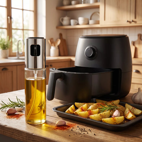 A modern black air fryer with its basket pulled out, shown on a wooden kitchen counter next to a clear bottle of golden olive oil and a tray of roasted potato wedges with garlic and rosemary.