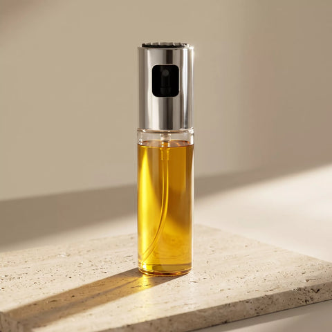 A clear cylindrical bottle filled with golden yellow liquid, topped with a brushed silver metal cap and a small black square detail, standing on a light stone surface against a warm beige background.