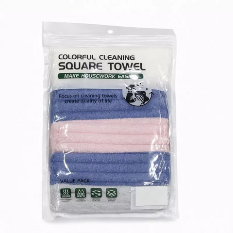 الجهة الخلفية لعبوة فوط تنظيف مايكروفايبر مربعة 5 قطع – Back view of square microfiber cleaning towels packaging