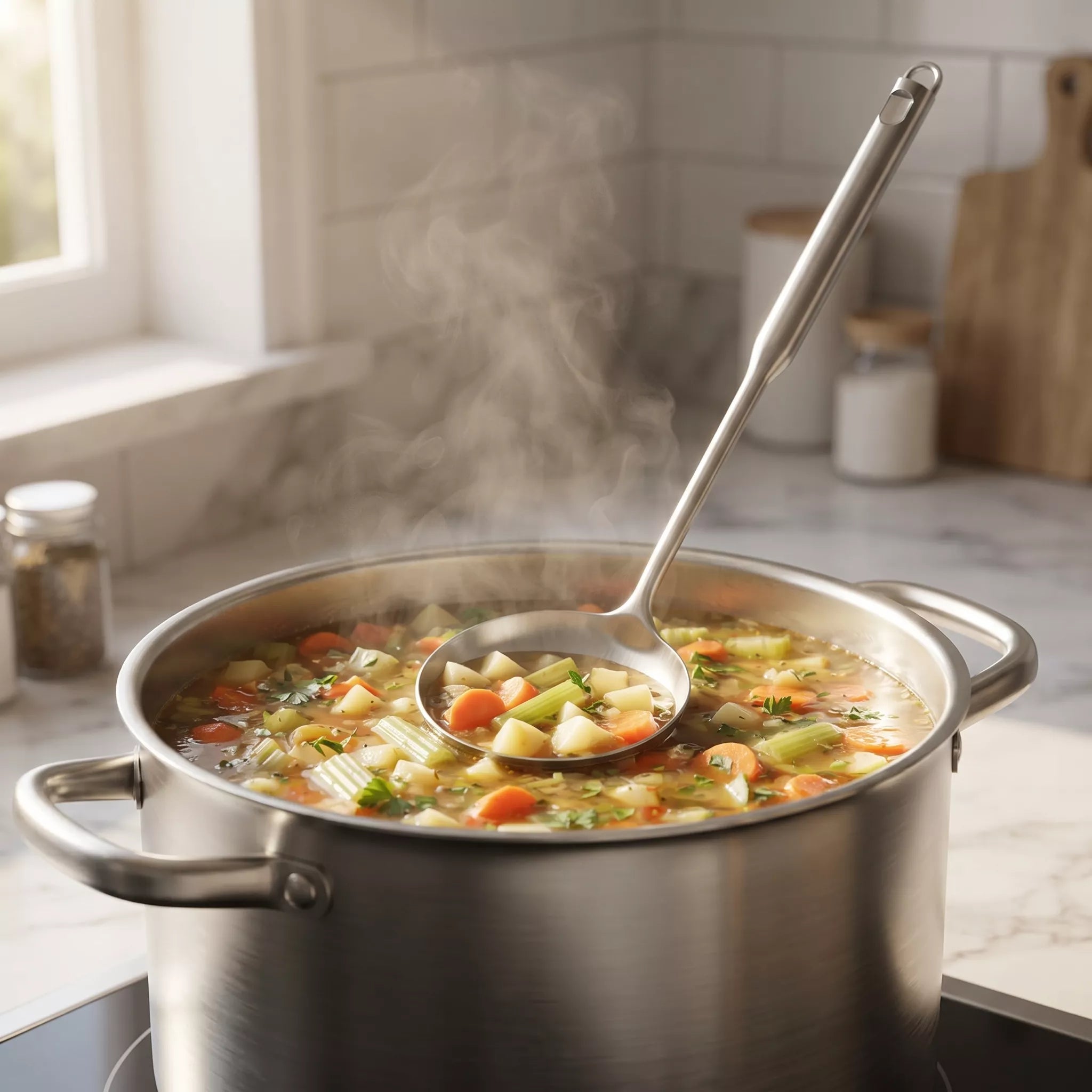 A large stainless steel stockpot filled with a steaming vegetable soup sits on a kitchen stove. A metal ladle rests inside the pot, lifting some of the soup and vegetables.