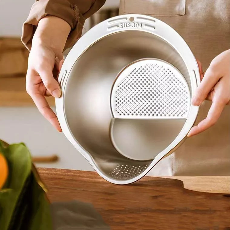 تصفية المياه باستخدام بُولة غسيل ستانلس بمصفاة جانبية – Stainless Steel Washing Bowl Draining Water – غسيل الأرز بسهولة