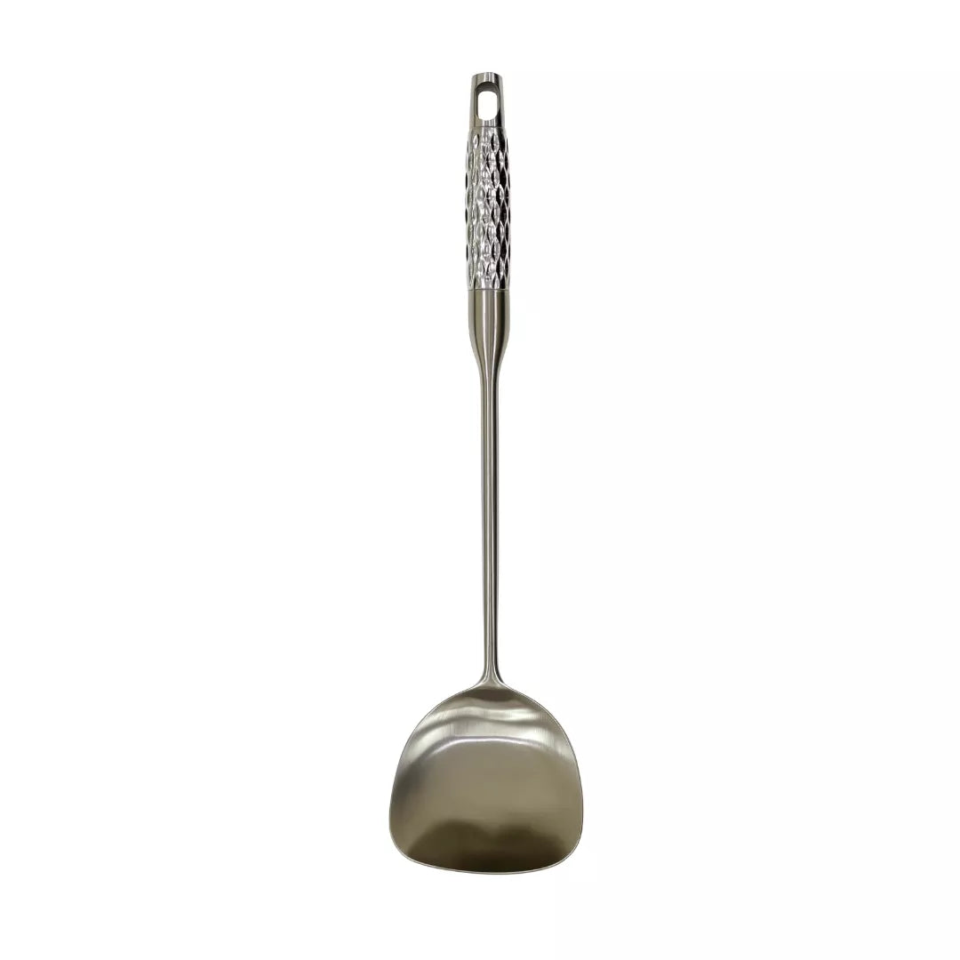 Metallic ladle with decorative handle on a white background