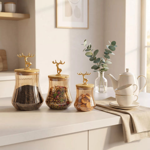 3-Piece Ribbed Glass Storage Jar Set with Bamboo Lids & Gold Deer Handles