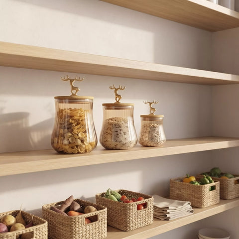 3-Piece Ribbed Glass Storage Jar Set with Bamboo Lids & Gold Deer Handles