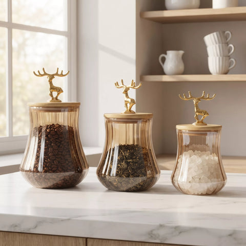 3-Piece Ribbed Glass Storage Jar Set with Bamboo Lids & Gold Deer Handles