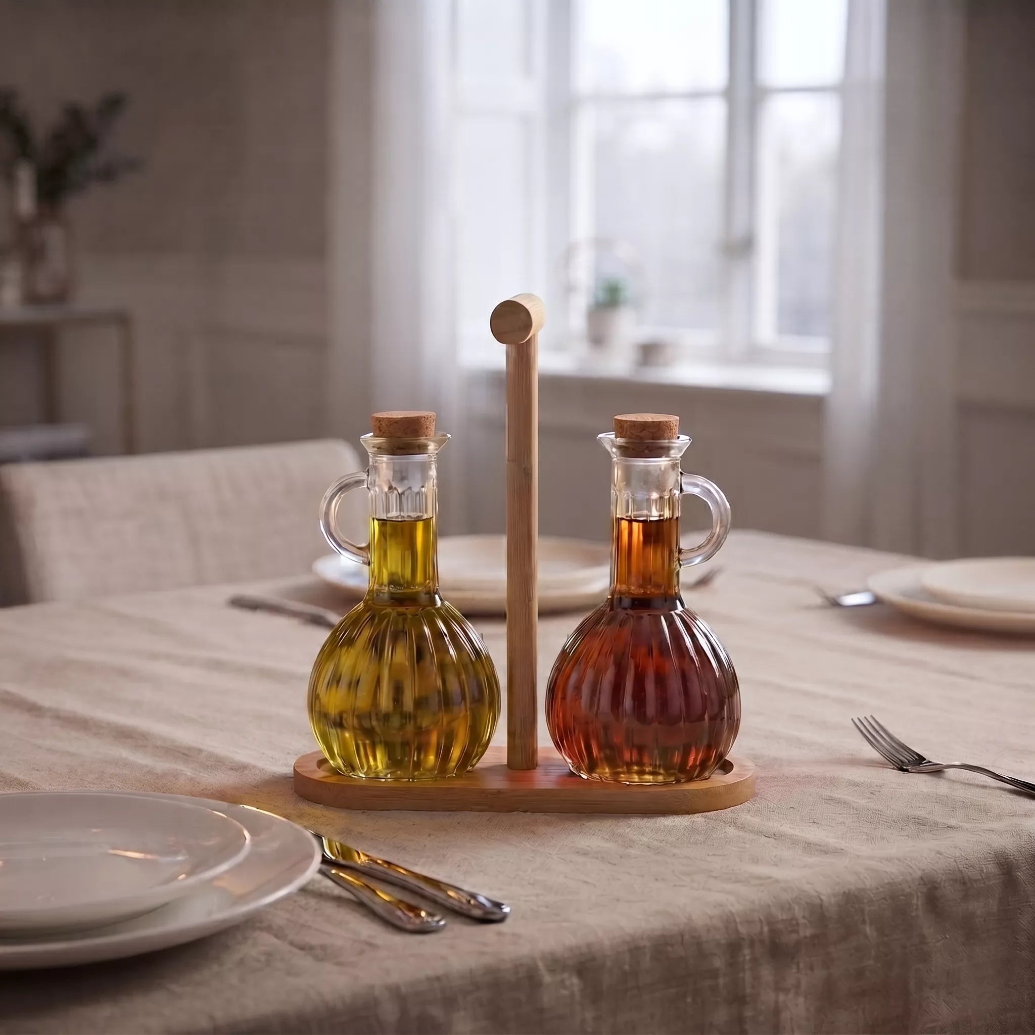 Two ribbed glass oil bottles with cork stoppers and clear handles sit on a wooden two-bottle carrier on a dining table. The bottles contain yellow and reddish-brown oil, with a softly blurred kitchen or dining room background.