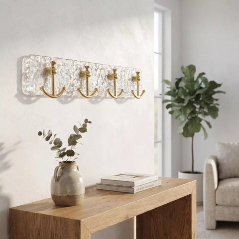 Clear Wall Hook Rack with Gold Double Hooks – 4 Hooks