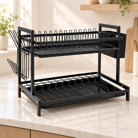 2-Tier Dish Drying Rack with Drip Tray & Utensil Holder