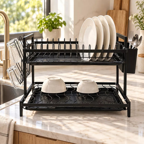 2-Tier Dish Drying Rack with Drip Tray & Utensil Holder