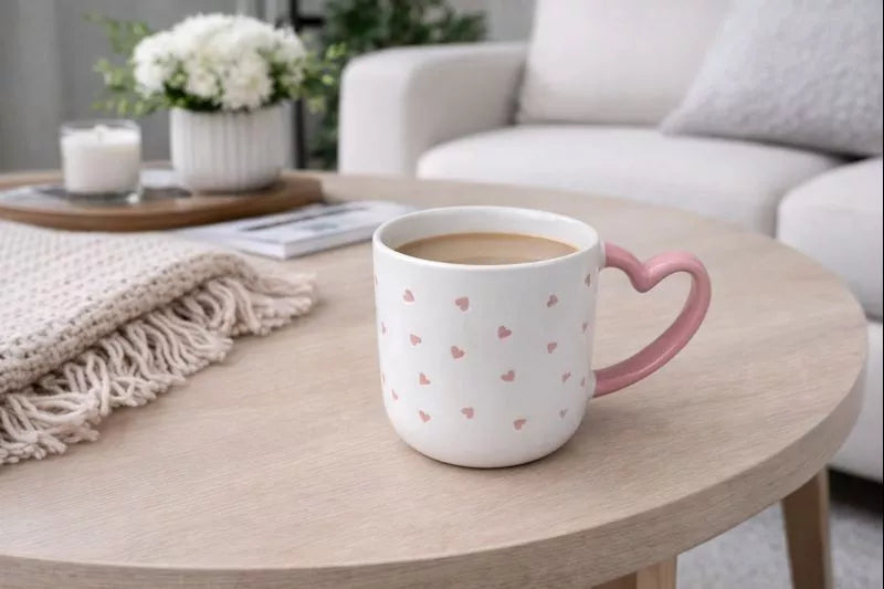 تفاصيل مقبض القلب الوردي لمج سيراميك أبيض بنقشة قلوب – Side view of white ceramic mug with pink heart handle