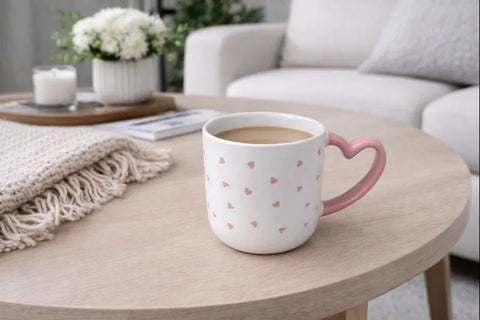تفاصيل مقبض القلب الوردي لمج سيراميك أبيض بنقشة قلوب – Side view of white ceramic mug with pink heart handle