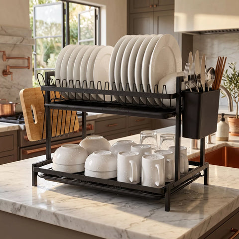 2-Tier Dish Drying Rack with Drip Tray & Utensil Holder