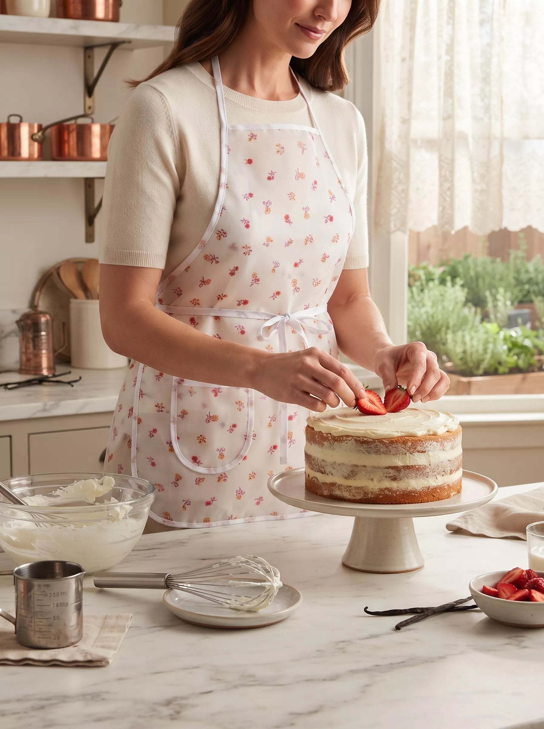 A woman wearing a white apron with a red floral pattern is decorating a layered cake on a stand in a bright kitchen.